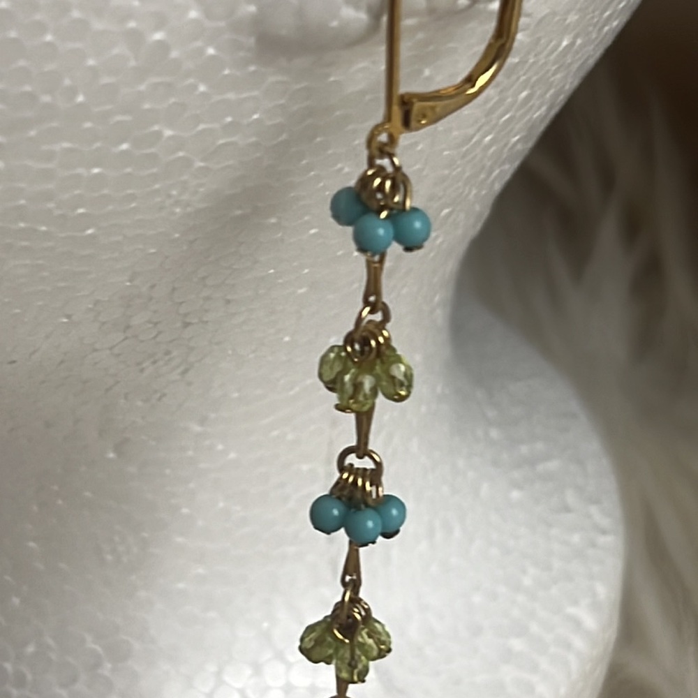 14k Gold filled Turquoise & Citron beaded dangle earrings - Picture 3 of 9